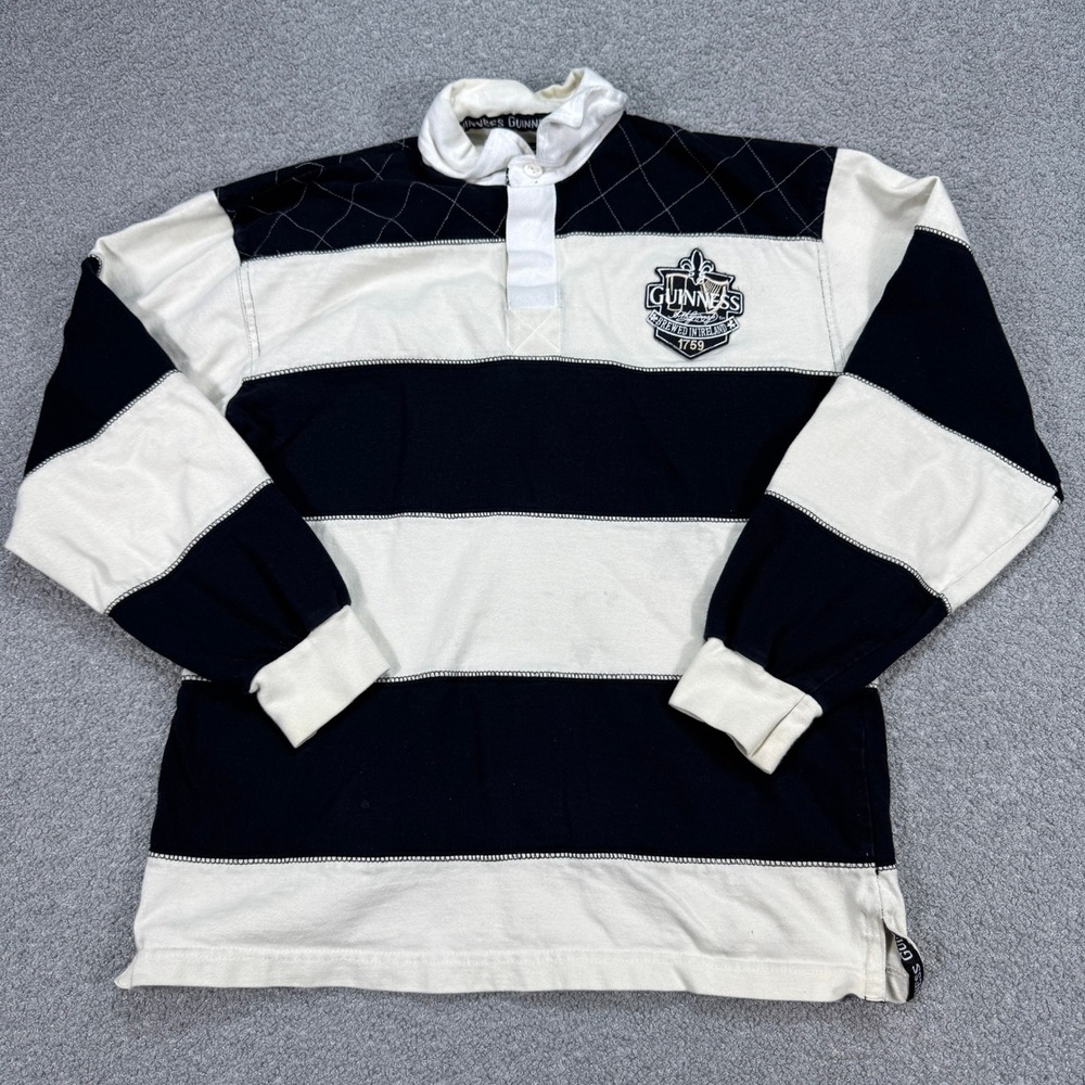 Vintage Guinness Rugby Polo Shirt Men's Small Black White Striped Long Sleeve